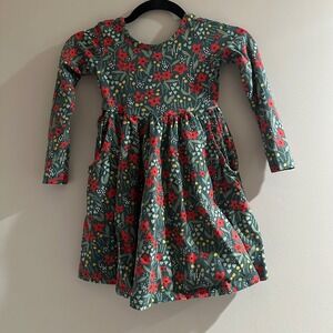 Hanna Andersson Floral Skater Dress Kids 5 Teal Red Long Sleeve Girls Pockets